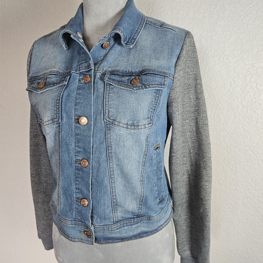 Denim Jacket Mixed Media Hoodie Jacket Distressed Blue Jean Womens Small - Picture 3 of 9